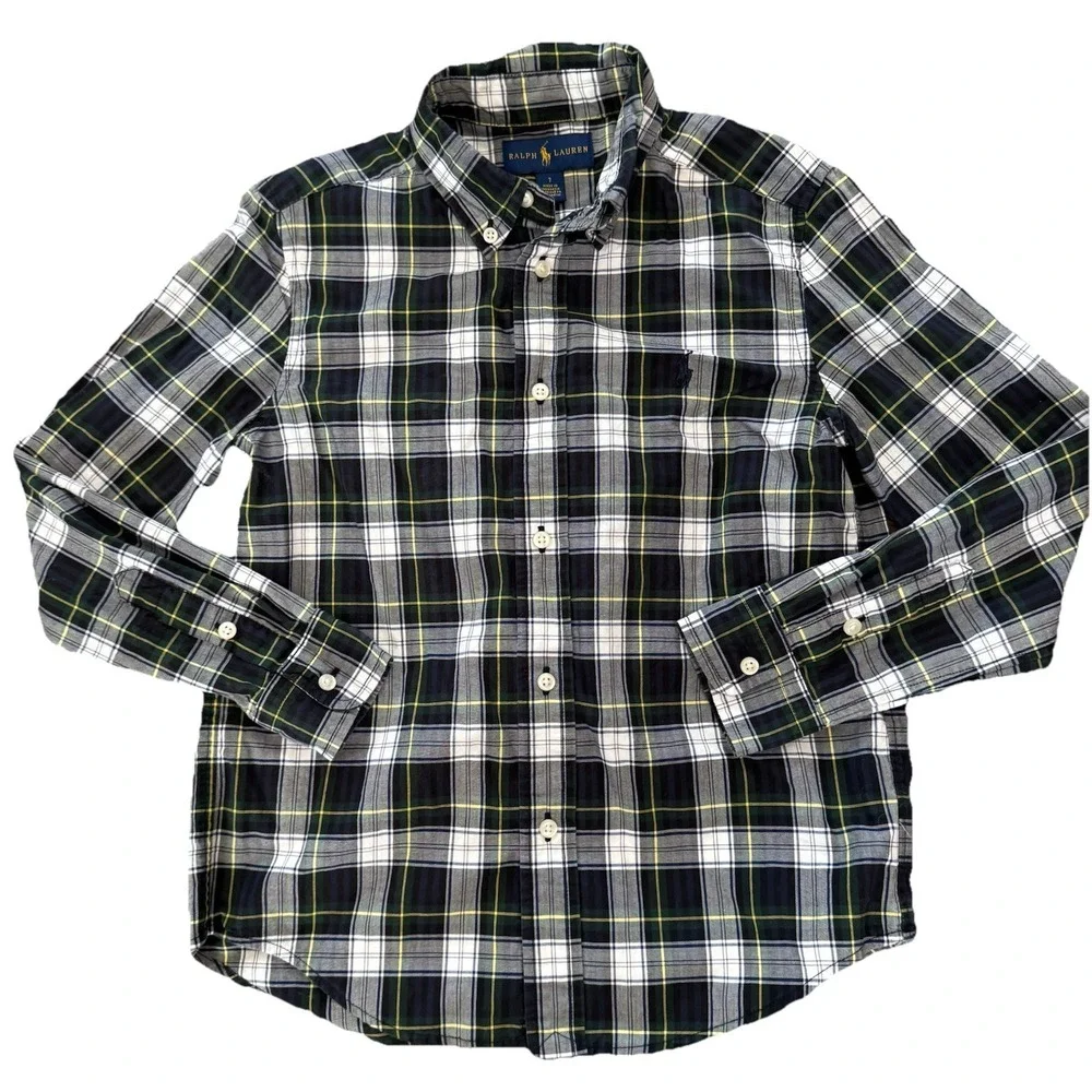 Ralph Lauren‎ Polo Boys Size 7 Blue Green Plaid Button-Down Dress Shirt Preppy